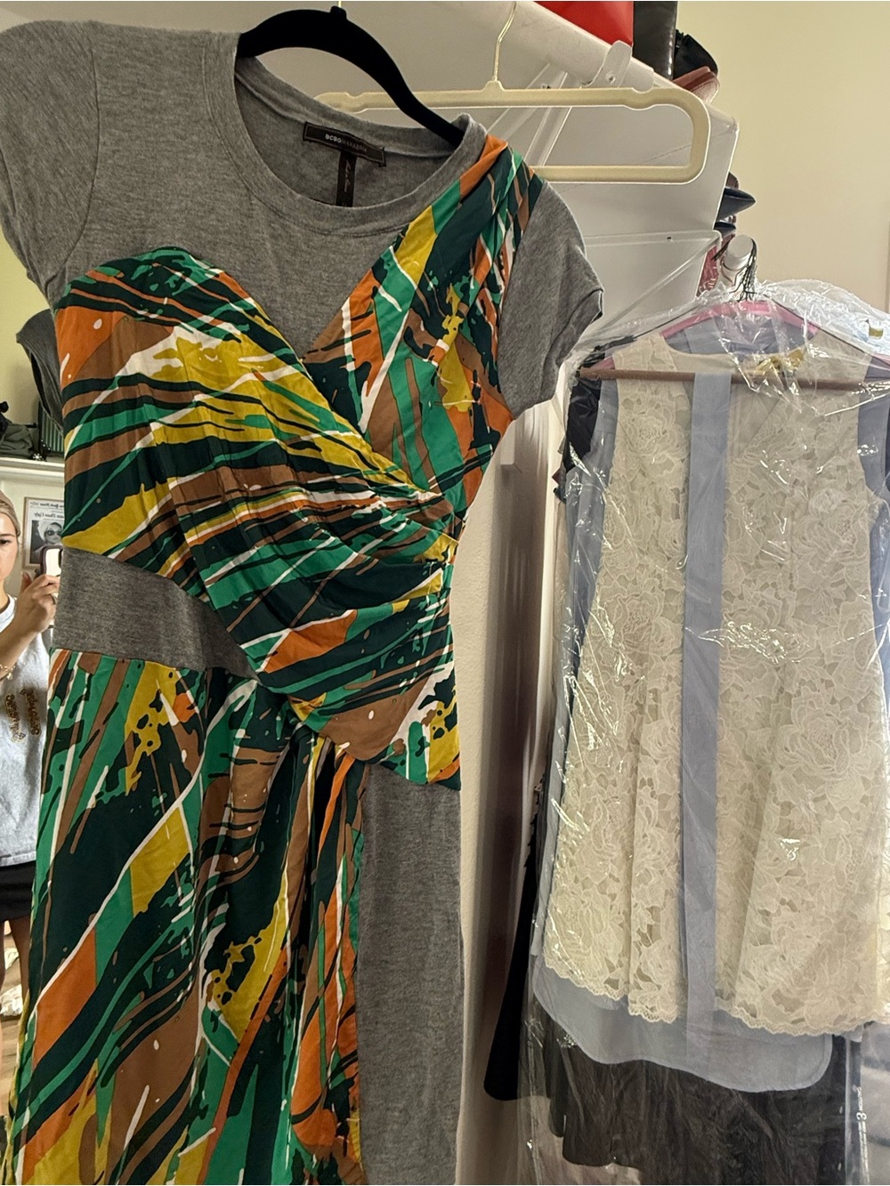 BCBG Women’s Grey Short-Sleeve Dress with Multicolor Abstract Print